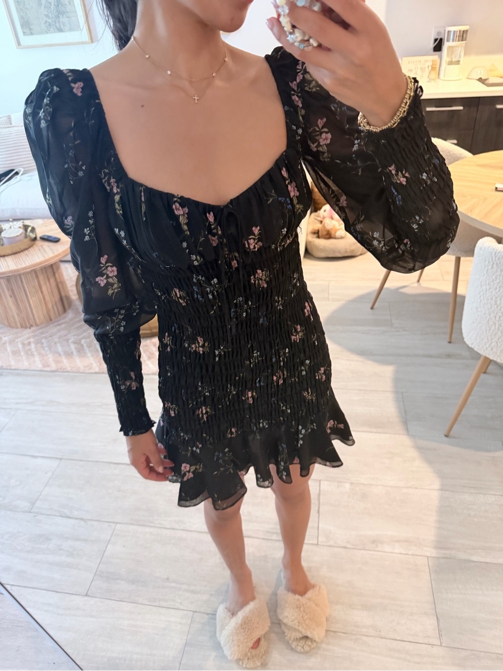 For Love & Lemons Black Mini Dress with Pink Floral Print